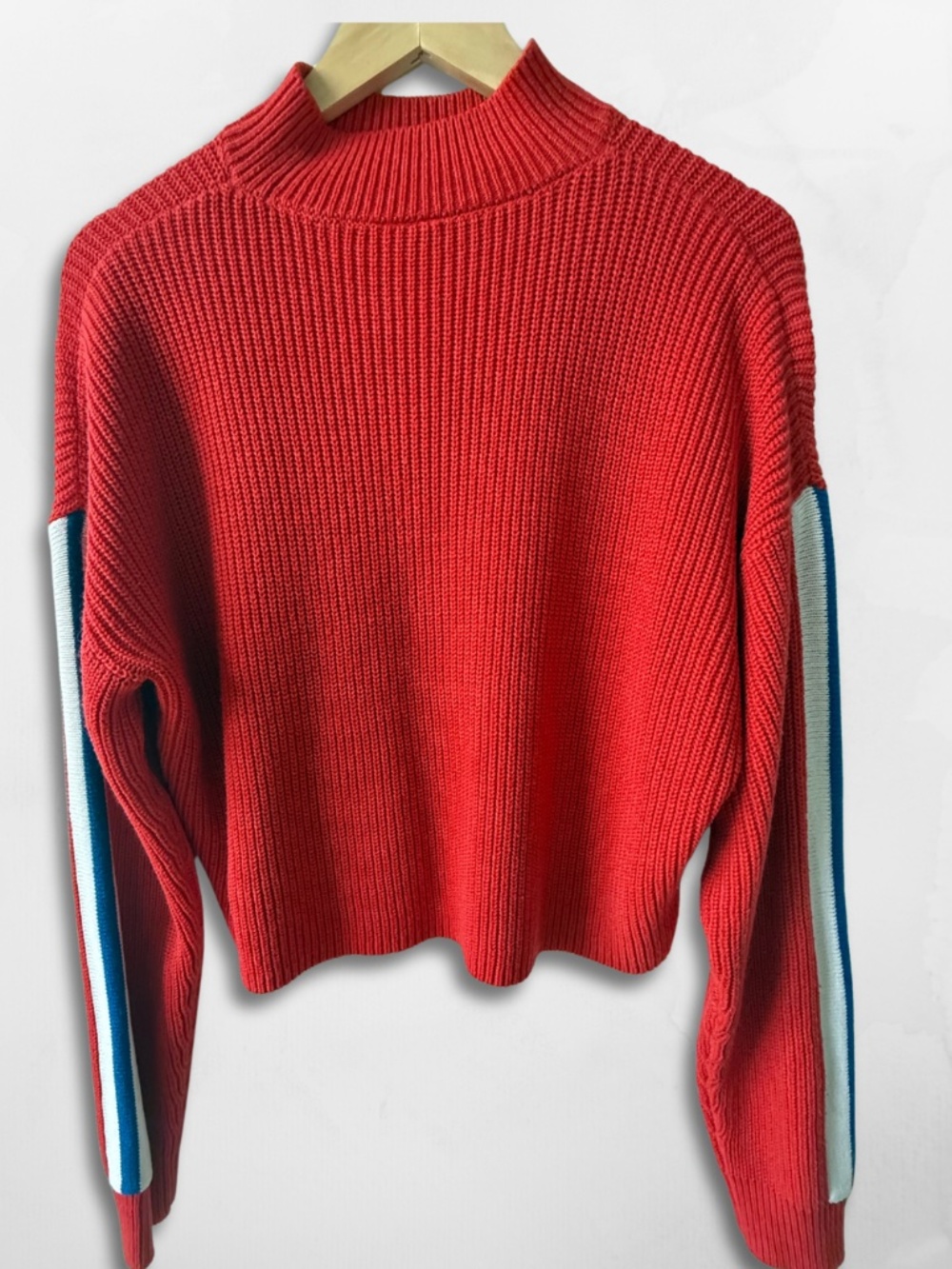 Red Cropped Ribbed Mock Neck Sweater with Contrast Stripe Sleeves, Size S